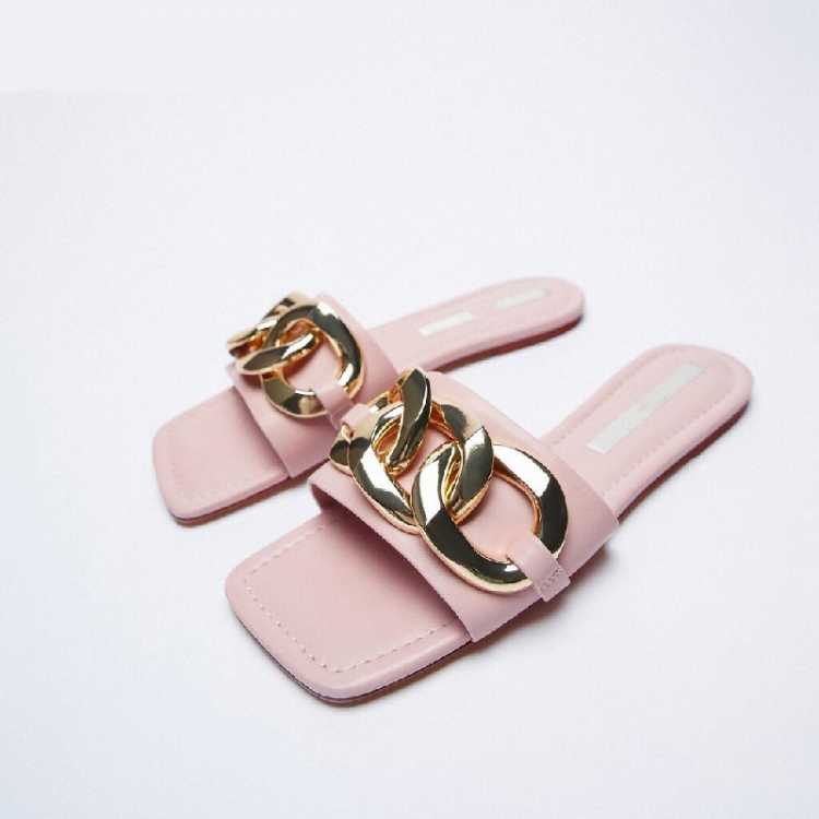 ZA Slippers Women Summer Outside Wear Fashion 2021 New Square Head Chain Slippers Flat Beach Sandals
