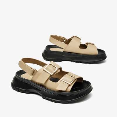 Chunky Sandals Women Synthetic Leather Round Toe Platform Hook Loop Back Strap Metal Decoration Female Shoes 34511