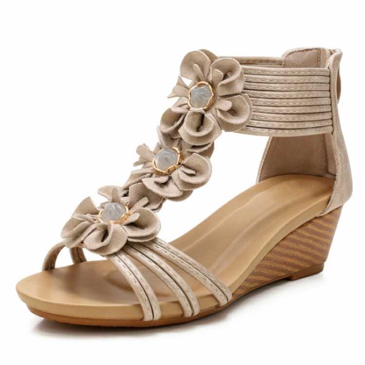 Women Bohemian Boho Ethnic Sandals Lace Flower Floral Ankle Wrap Strappy Wedge Sandals Narrow Band Rome Shoes Plus Size