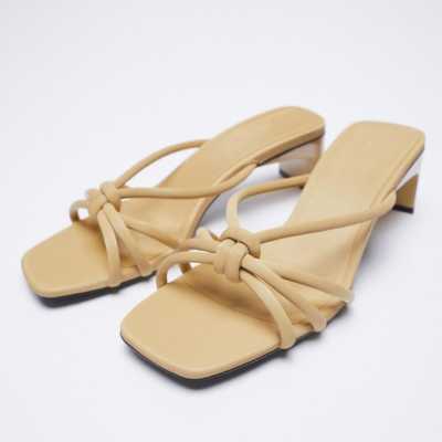 ZA Summer 2021 New Women's Shoes Square High Heel Shoes Sheepskin High Heel Sandals