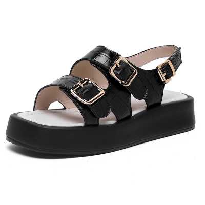 Black White Fashion Buckle Genuine Leather Flat Platform Sandals Women Summer Casual Shoes Sandales Femmes 2021 Sandalias Mujer
