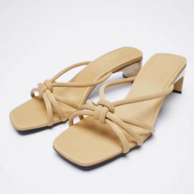 ZA Summer 2021 New Women's Shoes Square High Heel Shoes Sheepskin High Heel Sandals