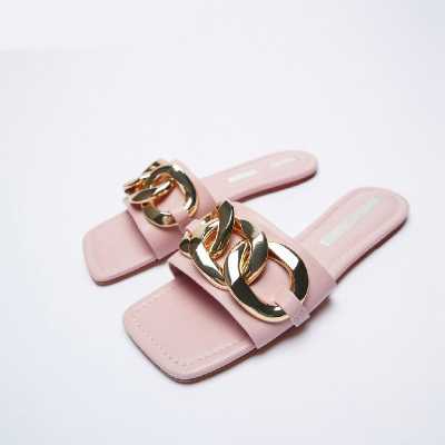 ZA Slippers Women Summer Outside Wear Fashion 2021 New Square Head Chain Slippers Flat Beach Sandals